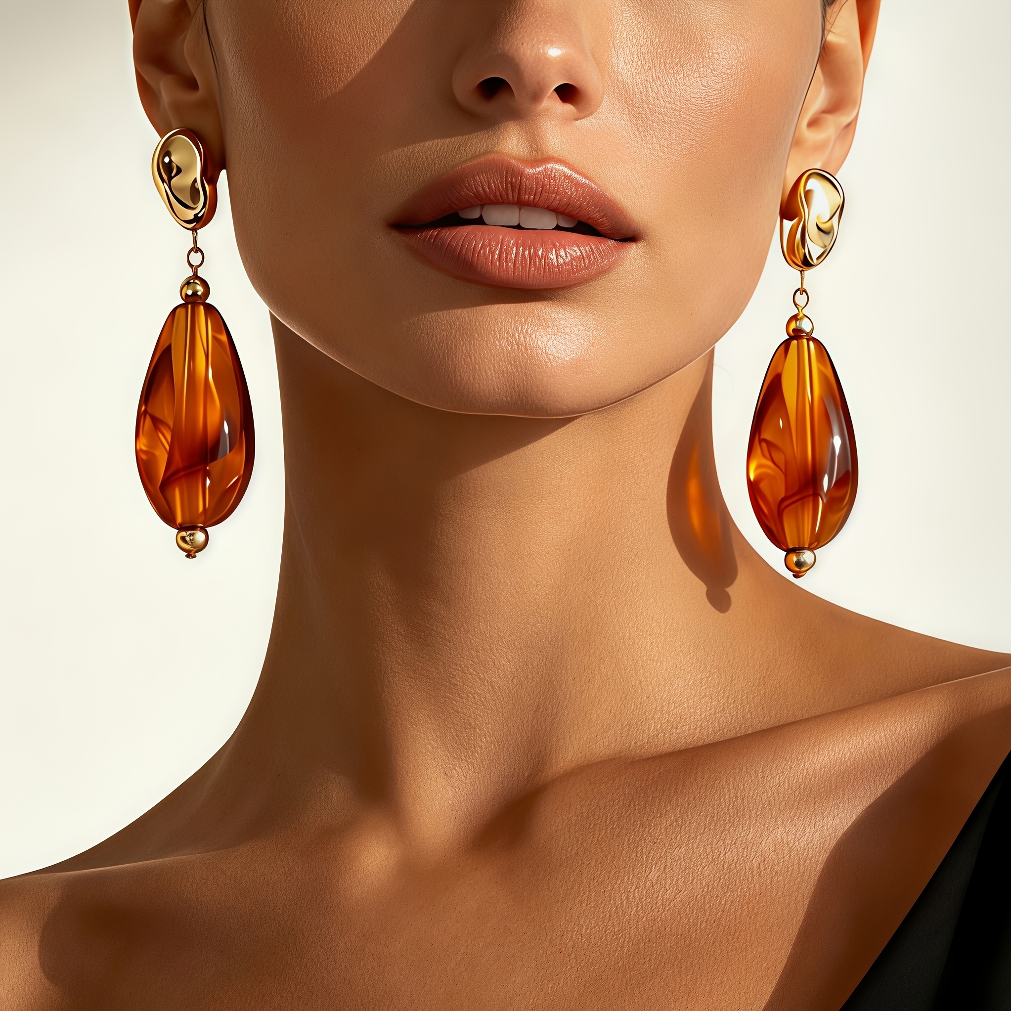Women's Long Teardrop-shaped Drop Earrings in Faux Amber